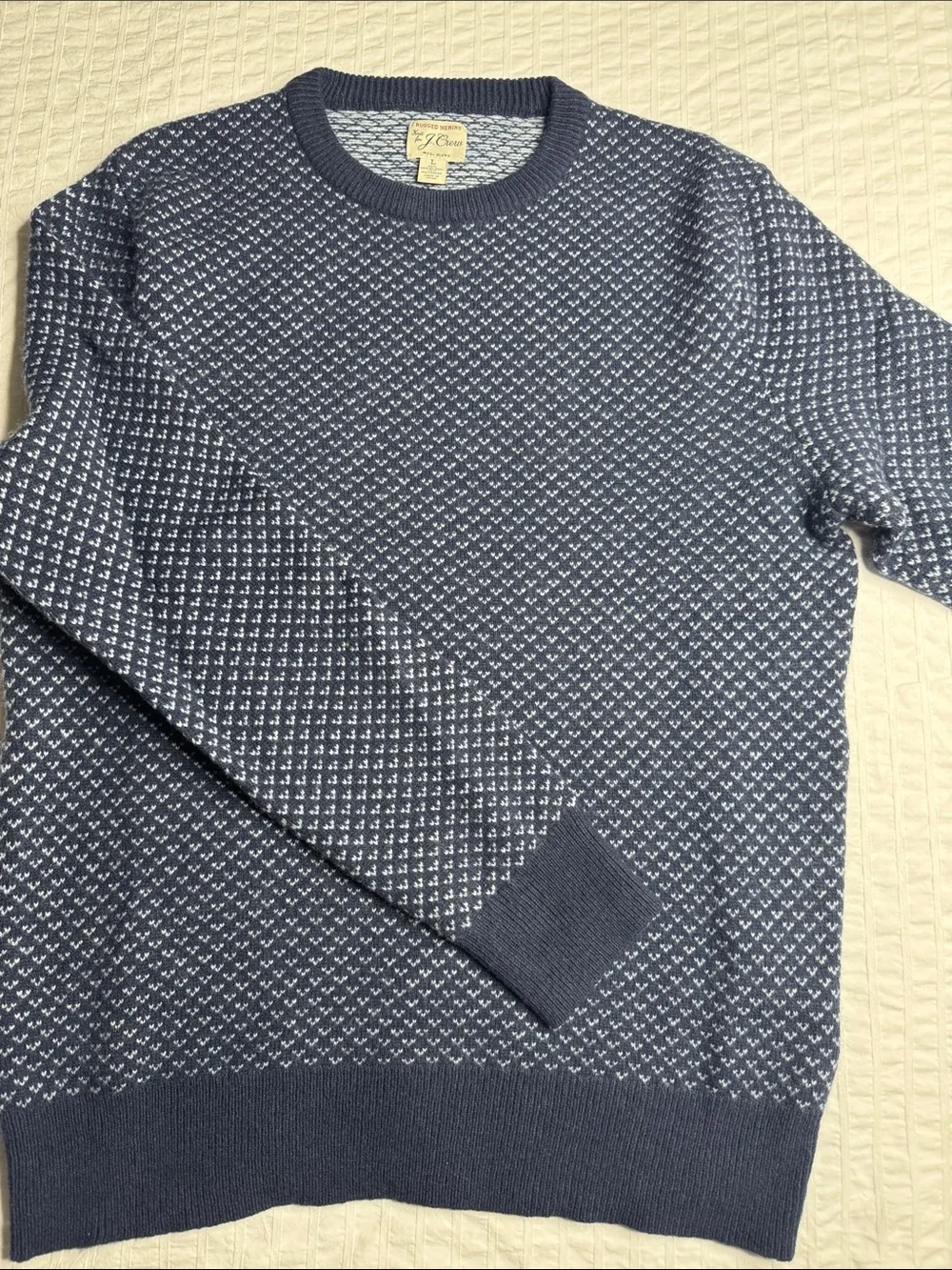 J.Crew Rugged Merino Wool Men's Size L Navy Patterned Crewneck Sweater